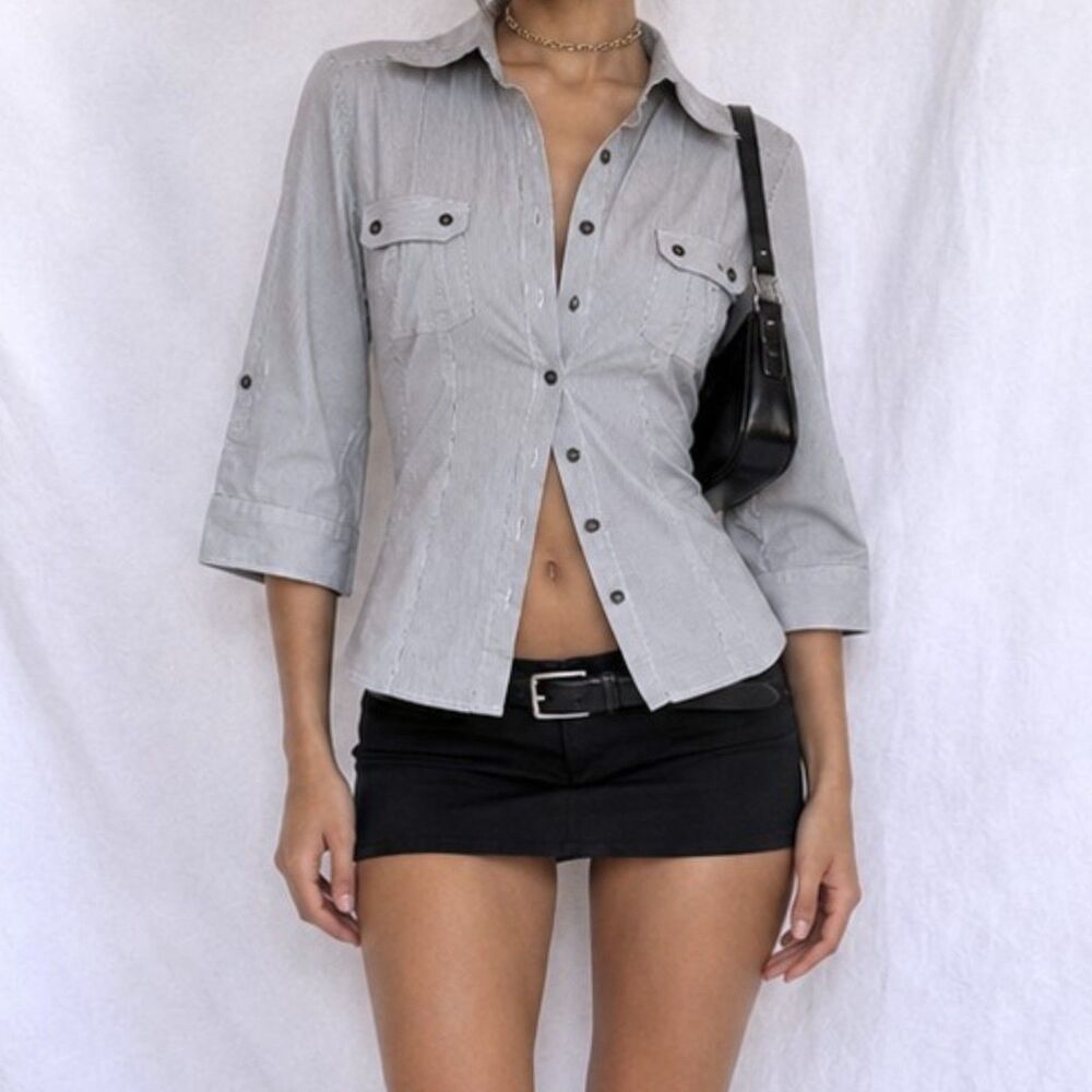 Vintage Y2K 90s Striped Gray Button Front Long Sleeve Shirt Blouse Top Size S/M